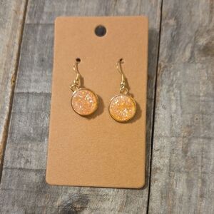 NEW Druzy Sparkly Drop Crystal Round Pendant Dangly Earrings Light Coral & Gold